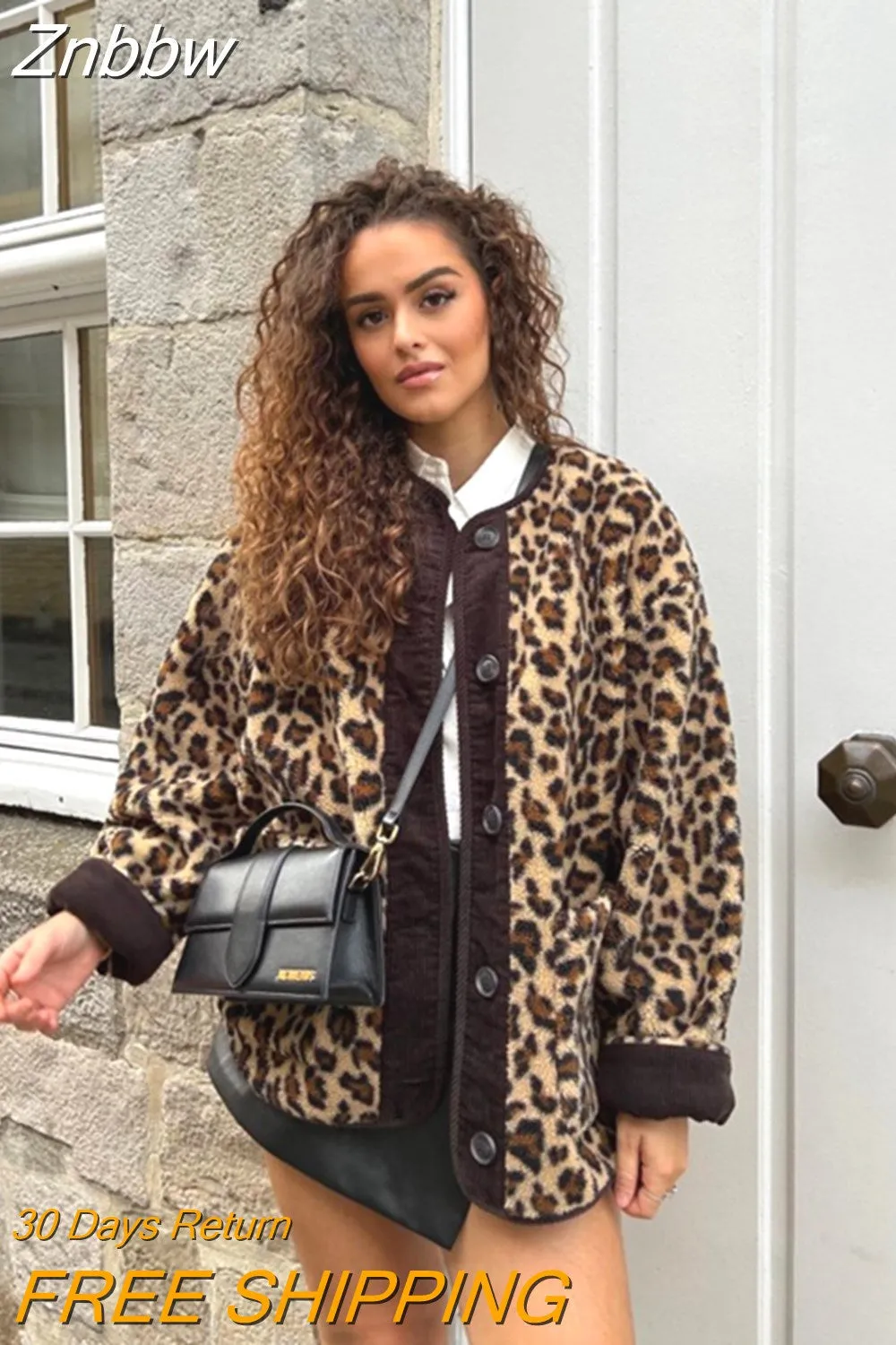 Znbbw Women's Casual Plush Shawl Collar Long Sleeved Leopard Print Jacket Fashion Single Breasted Overcoat Autumn/Winter Lady Outwear 0410 - Image 8