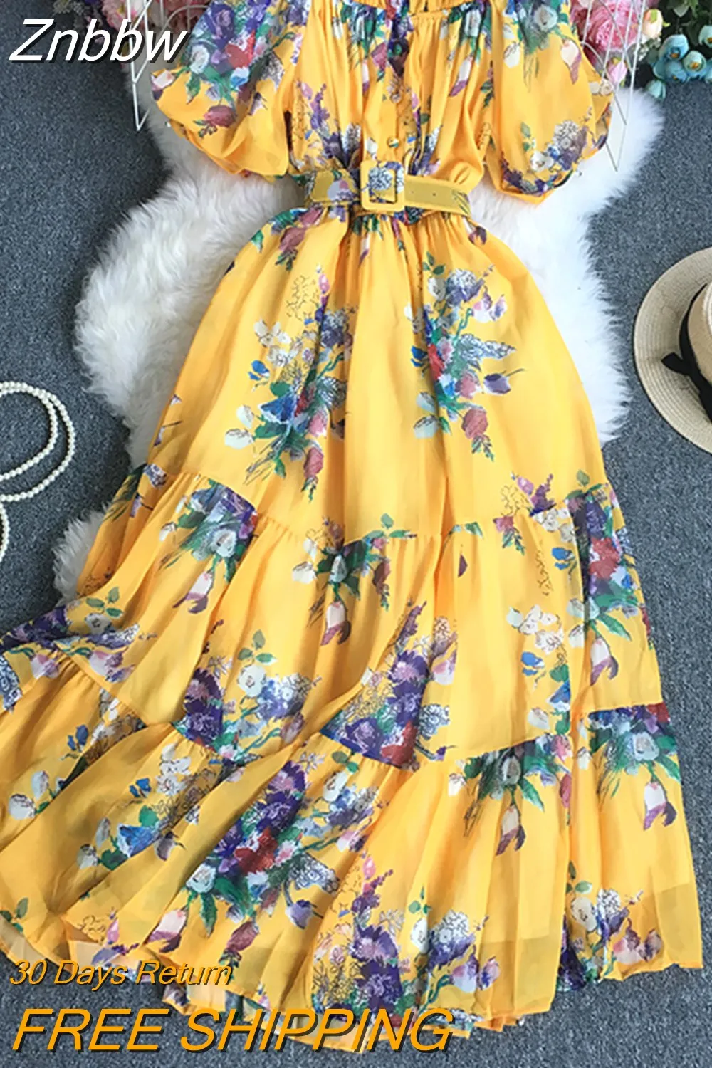 Znbbw Women Summer Dress Grace Temperament Sweet High Waist Flat Collar Floral Short Sleeve Folding A-line Vestidos D2441 - Image 7