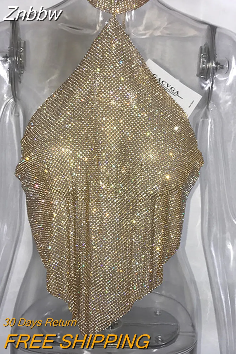 Znbbw 2023 Shinning Crystal Diamond Crop Top Summer Beach Backless T Shirt Halter Sexy Tops Party Camis Women Tank Top Blusa - Image 5