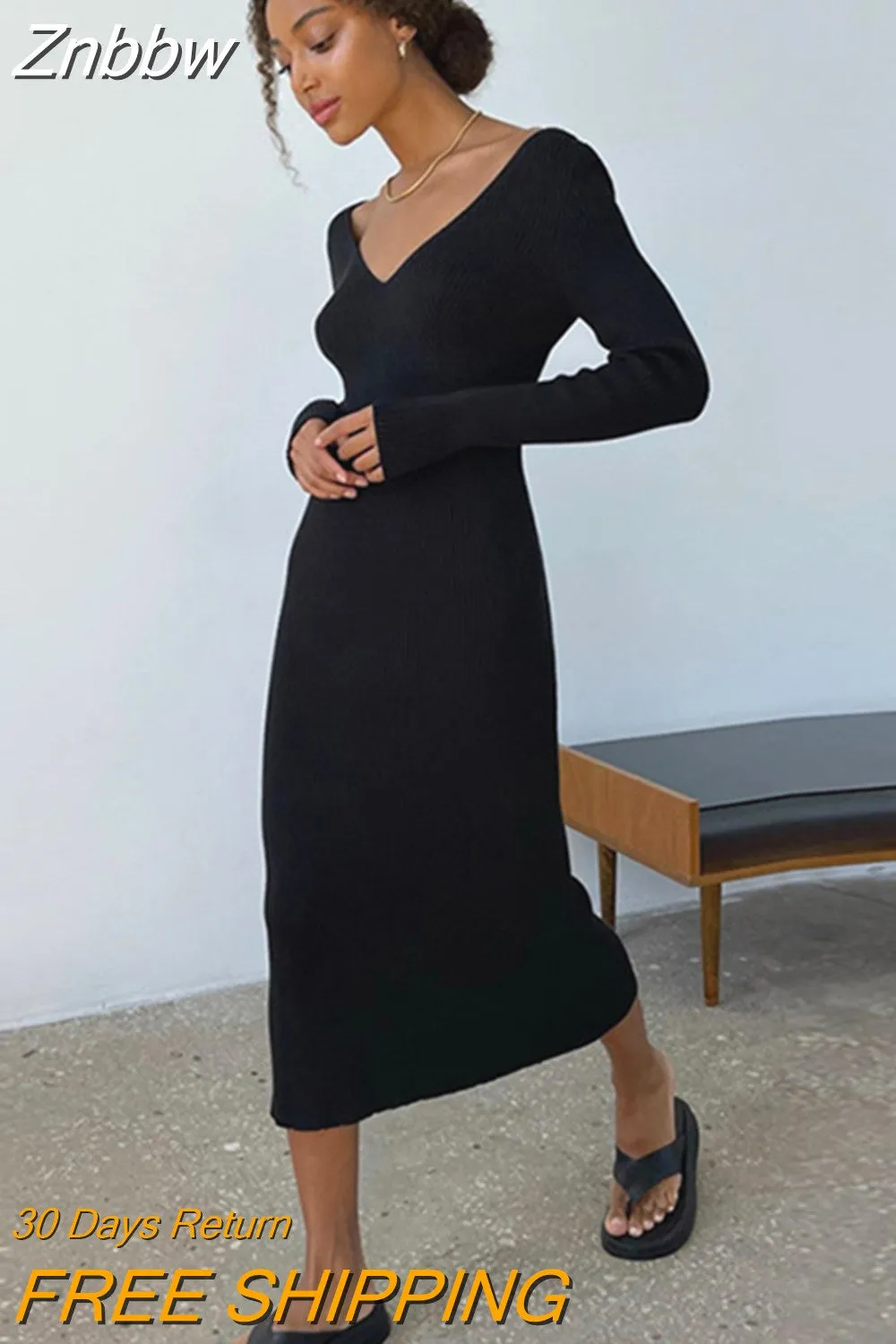 Znbbw Women Winter Knitted Backless Elegant Sweater Dress Casual Long Sleeve V-Neck Slim Skirt Lady 2023 New Bodycon Midi Dresses - Image 4