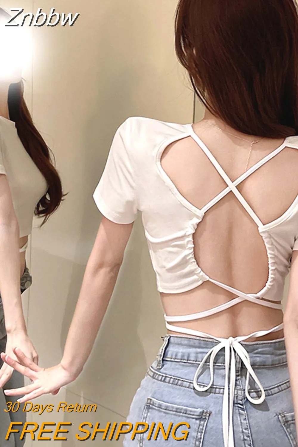 Znbbw Summer Sexy Backless Tie Up Bandage Crop Top Women Short Sleeve Vest Tee Fashion Casual Hollow Out Slim Tank Top Y2K Clothes