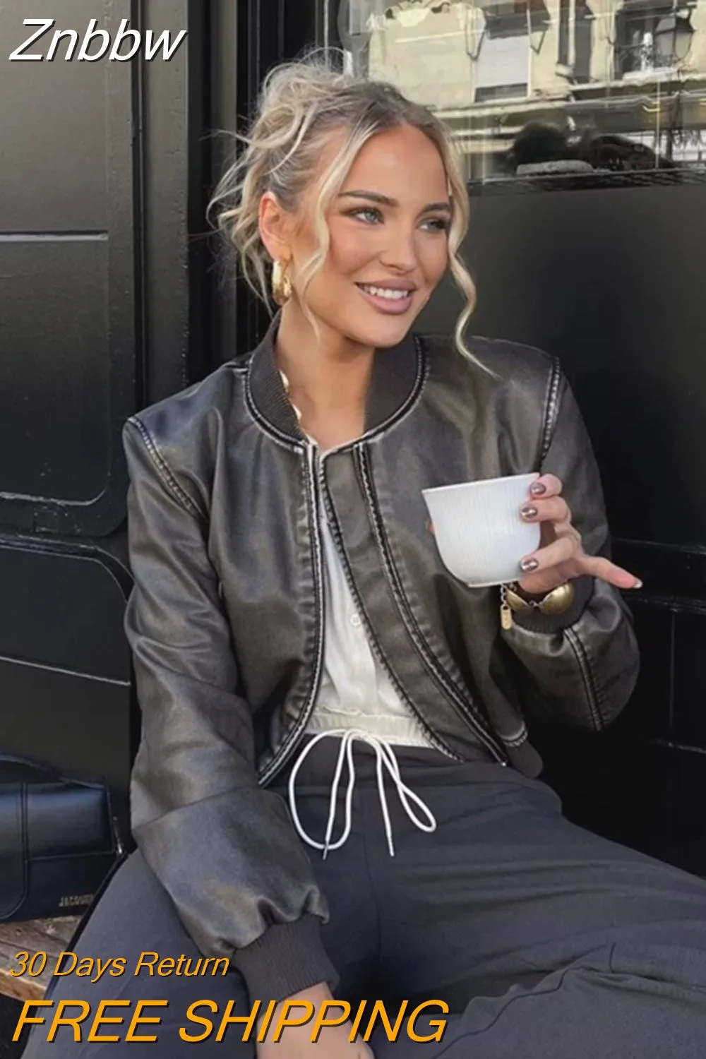 Znbbw Women's Vintage Solid Zipper PU Leather Bomber Jacket Casual Female Cropped Coat 2023 Lady Spring Autumn Jackets Street Wear