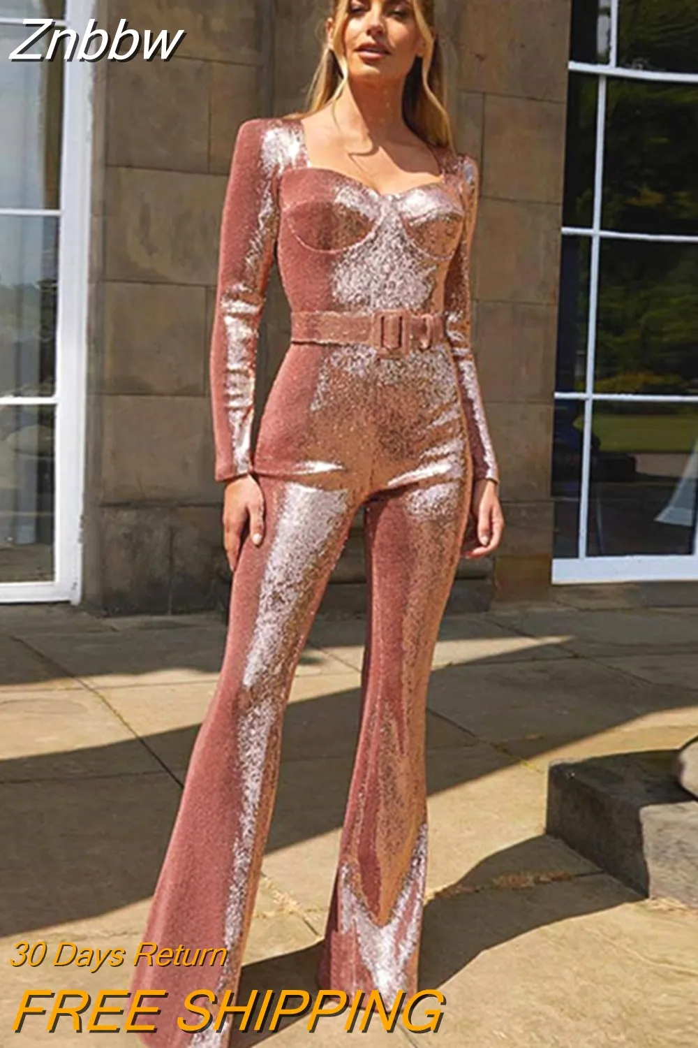 Znbbw Sequins Belt Jumpsuit Women Square Collar Long Sleeve Bodysuit Autumn Wide Leg Pants Female Party Club Outfits - Image 5