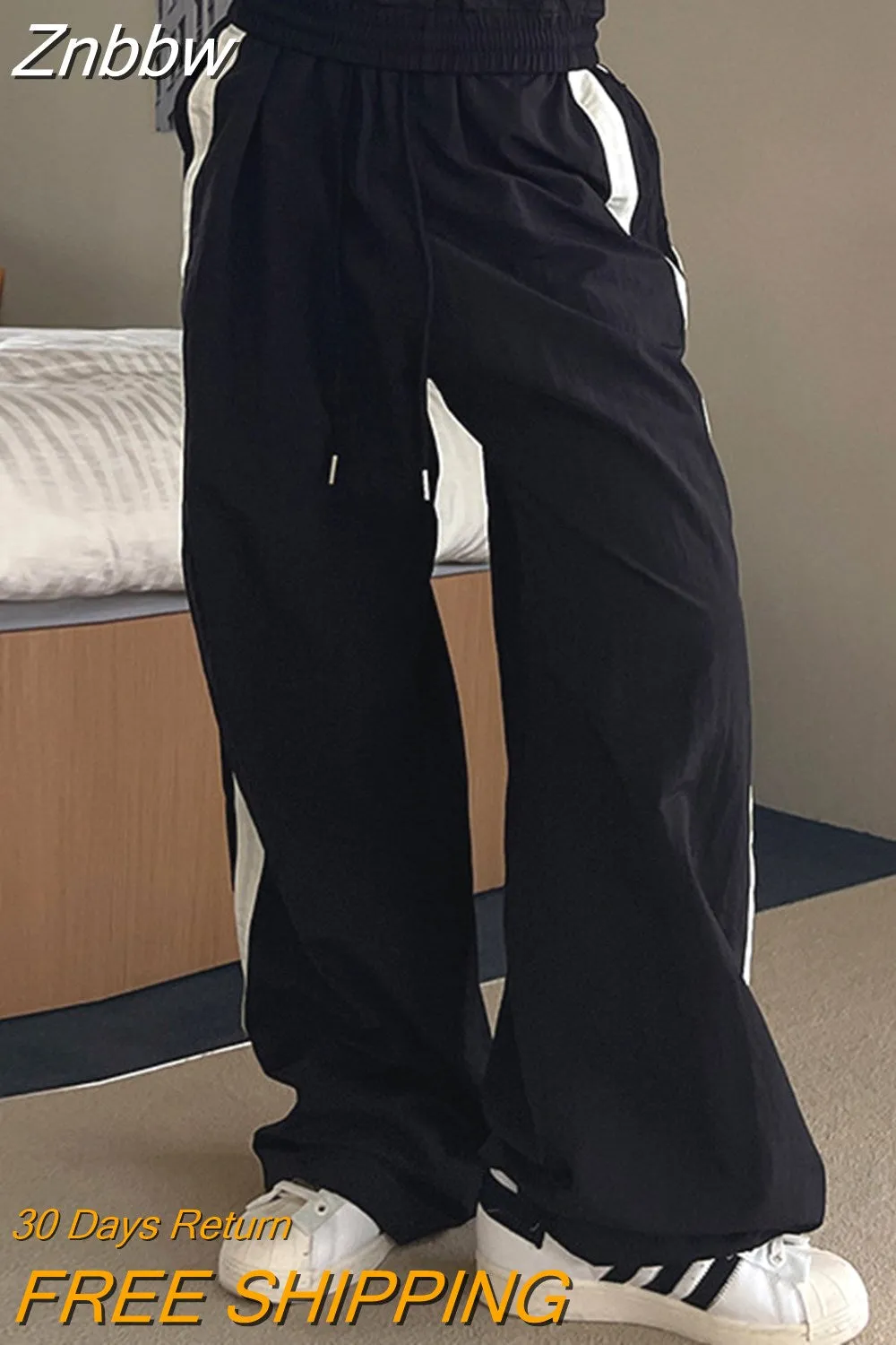 Znbbw Women Sweatpants Loose Streetwear High Waist Joggers Basic Patchwork Punk Trousers Drawstring Wide Leg Pants Tech Baggy Trousers - Image 4