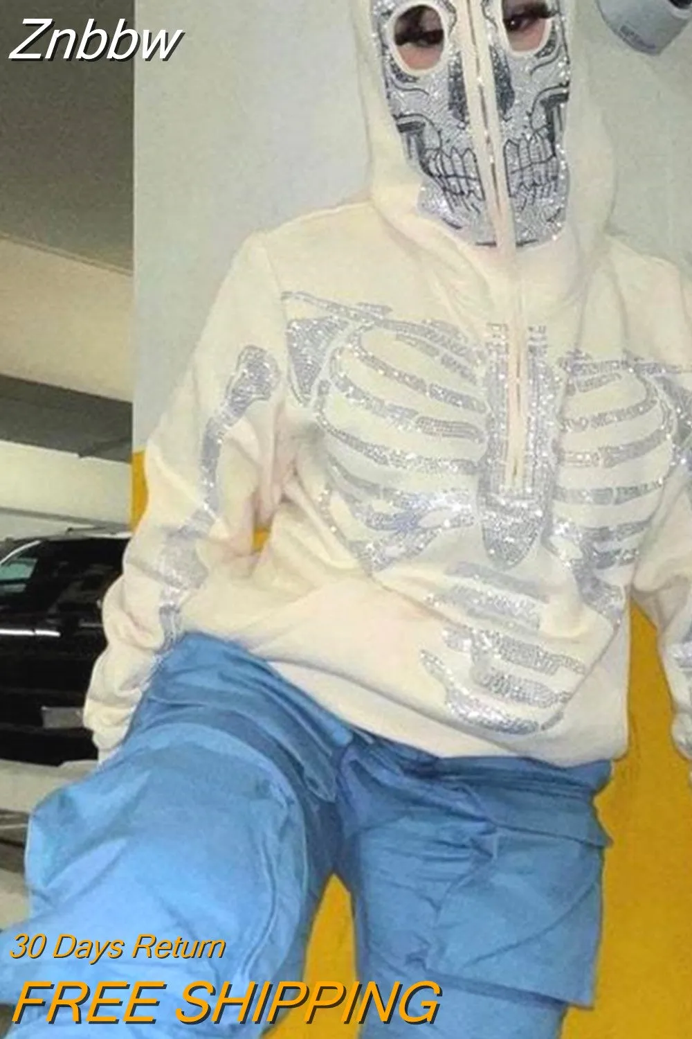 Znbbw Fashion Hot-selling Rhinestones Skeleton Print Black Y2k Gothic Long-sleeve Full Zip Hoodie Oversized Sweatshirt Jacket - Image 6