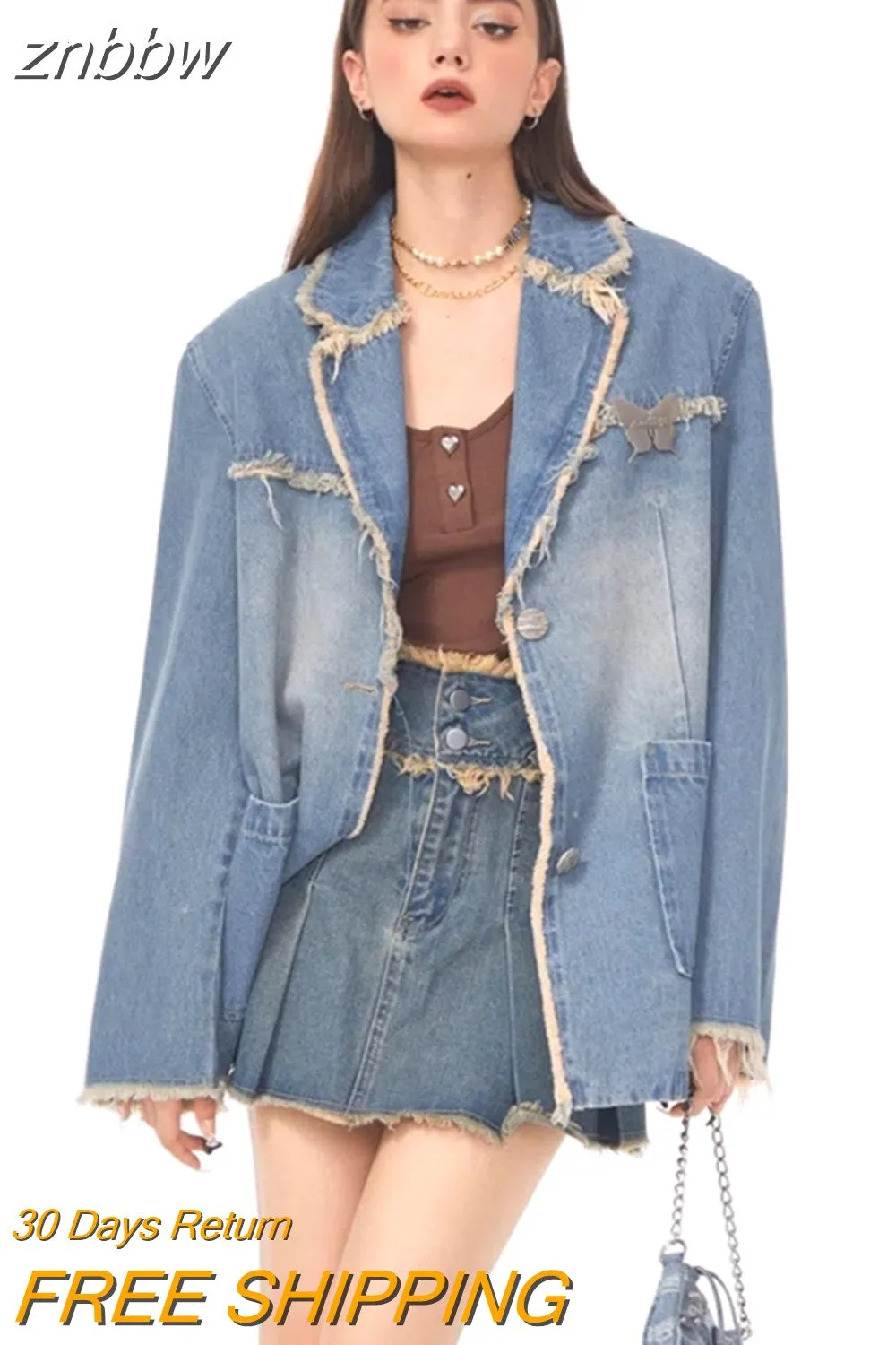 znbbw 2023 Winter Streetwear Long Sleeve Demin Blazer Women Oversize Distressed Ladies Suit Blazers Fall Female Coat Clothing - Image 2