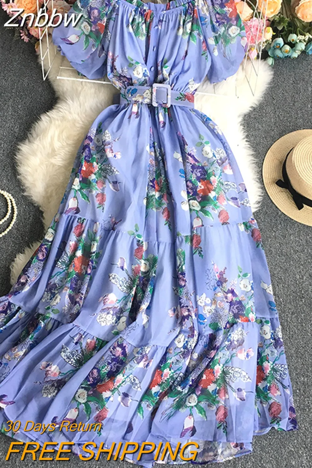 Znbbw Women Summer Dress Grace Temperament Sweet High Waist Flat Collar Floral Short Sleeve Folding A-line Vestidos D2441 - Image 9