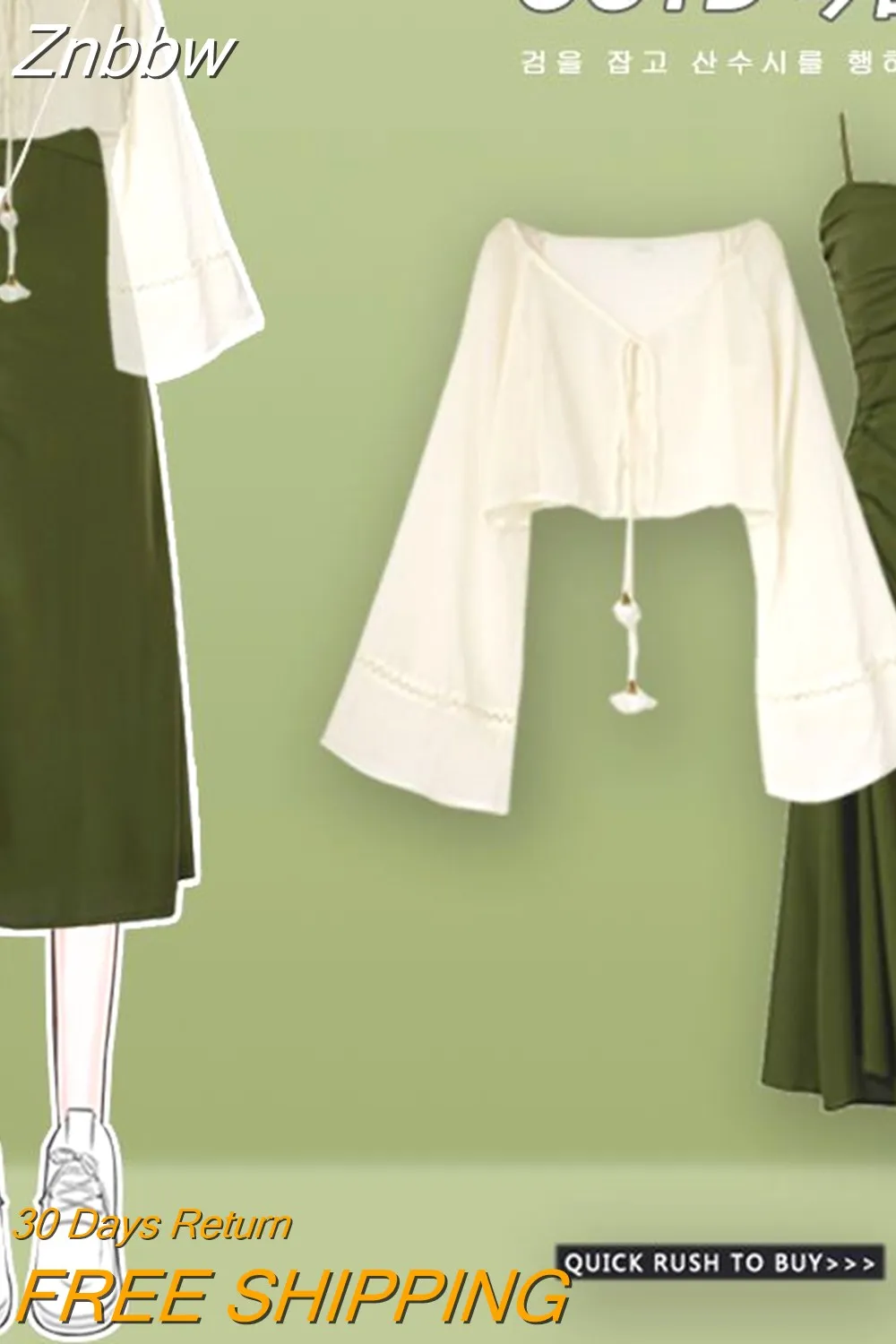 Znbbw Women's Spring Summer Fashion Long Sleeve Top Shirts +Strap Dress Two Piece 2023 Korean Elegant New in Matching Set Femlae Skirt - Image 3