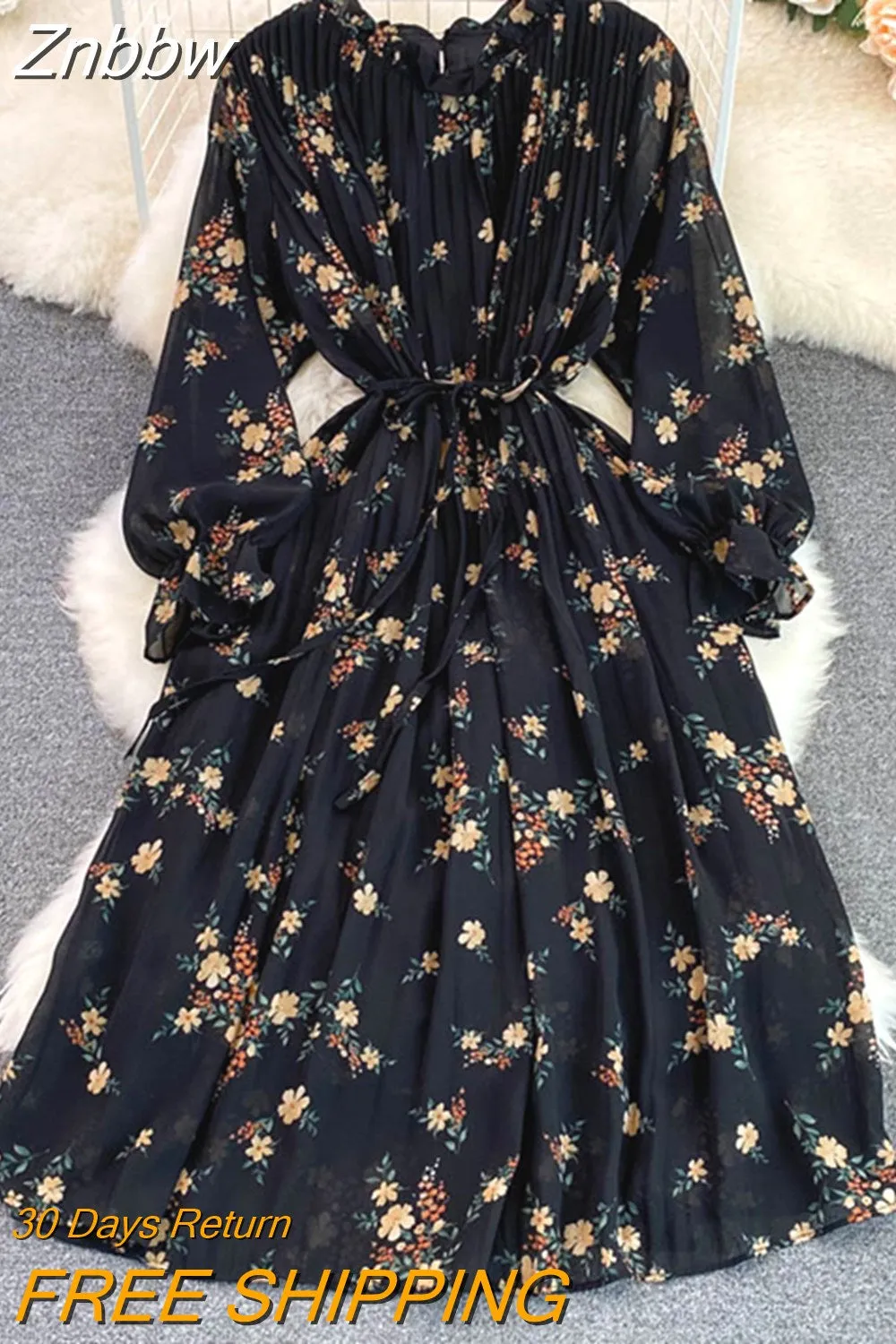 Znbbw Autumn Floral Gentle Fairy Dress Short Round Neck Bubble Long Sleeve Pleated Waist Thin A-line Vestidos Women D1441 - Image 5