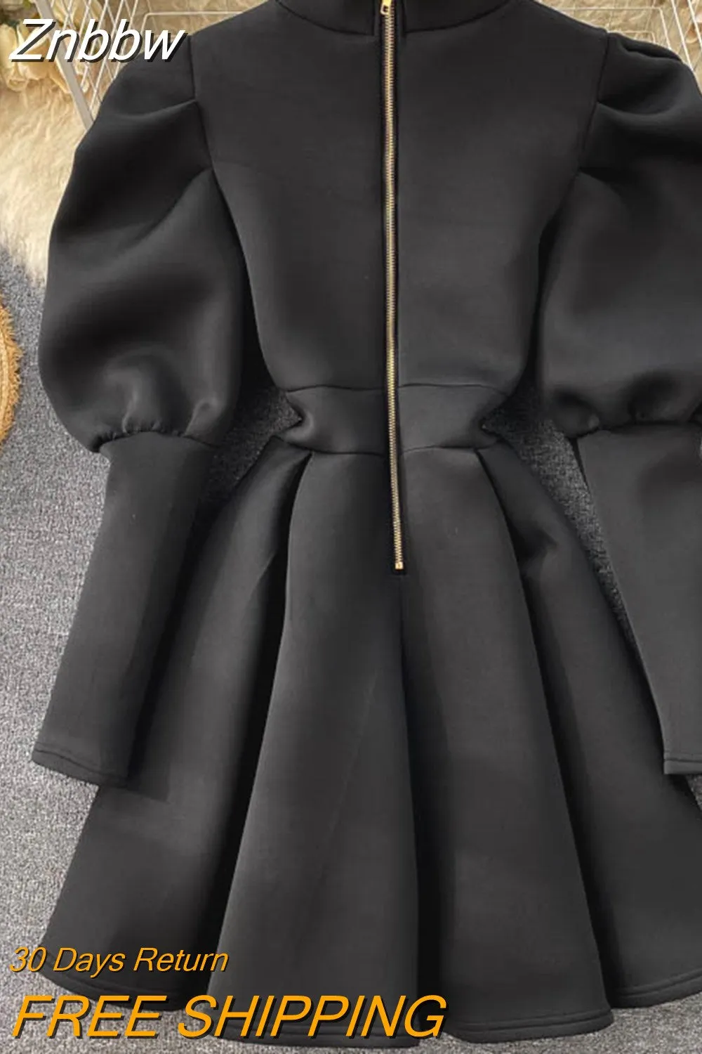 Znbbw Autumn Vestidos Women's Bubble Sleeves Front and Back Two Wear Temperament Stand-up Collar Zipper Slim Midi Dress GK447 - Image 2