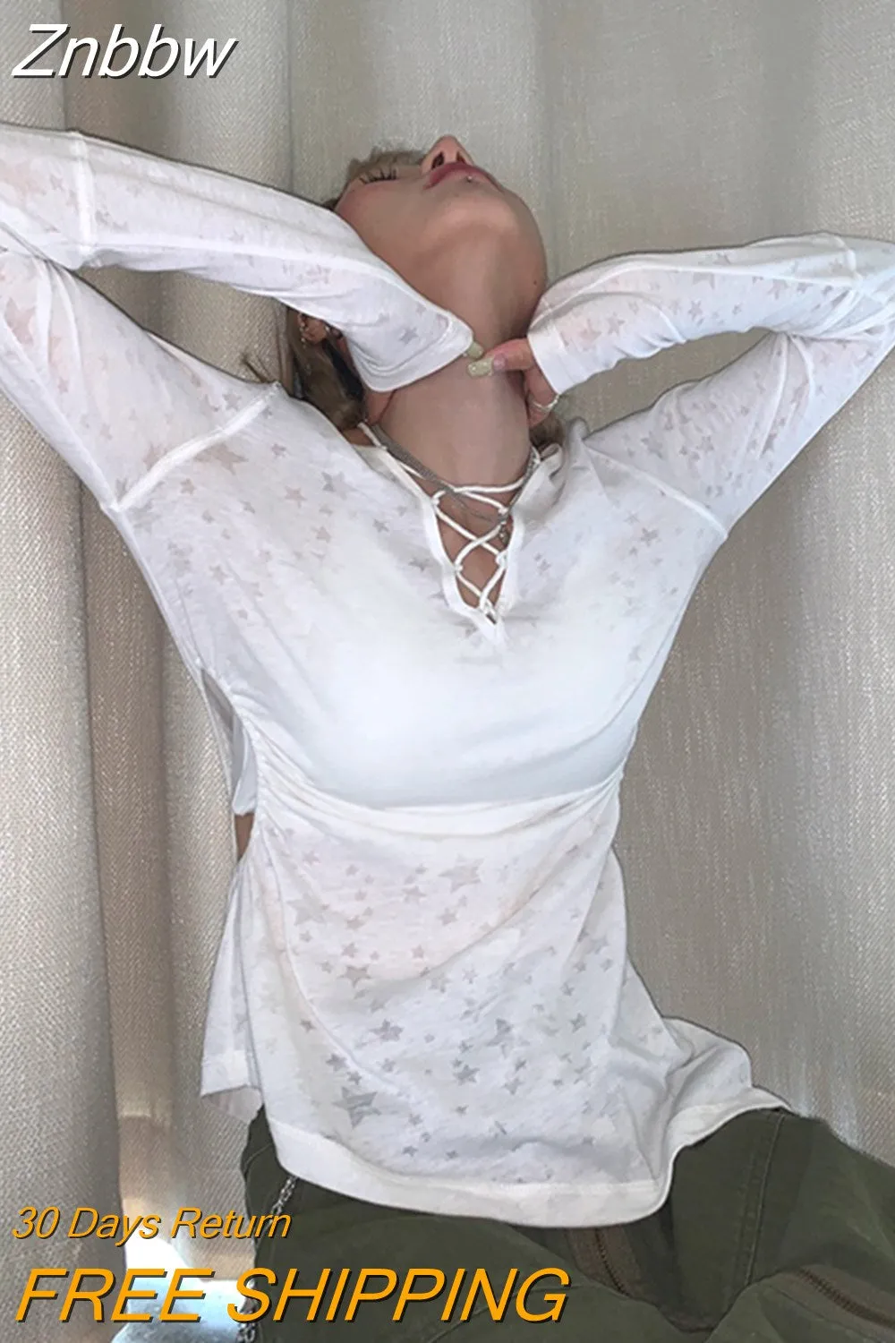 Znbbw y2k T Shirt Star Pattern Aesthetic Fairycore Grunge Hollow Out Tie Up Long Sleeve Tops 2000s Women Clothes - Image 3