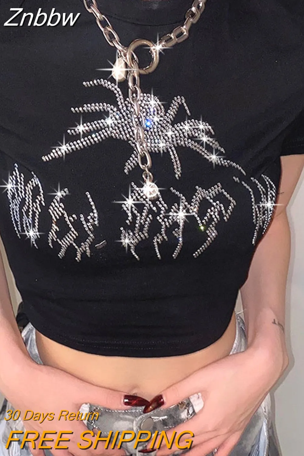 Znbbw Punk Vintage Rhinestone Spider Rhinestone Bling Graphic Short Sleeve Tshirts O-neck Crop Top Harajuku Navel Slim Vest Ins