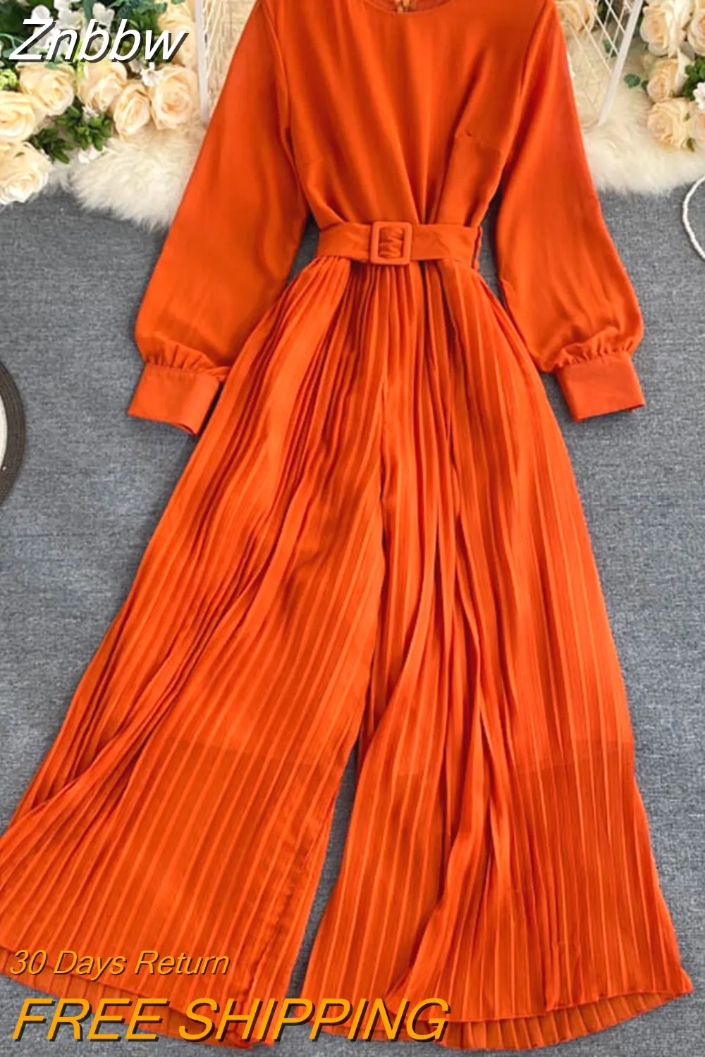 Znbbw Women's Spring Autumn Jumpsuit New Solid Color Round Neck Long-sleeved Pleated Wide-leg Pants Lace Up Thin Jumpsuit LL061 - Image 7