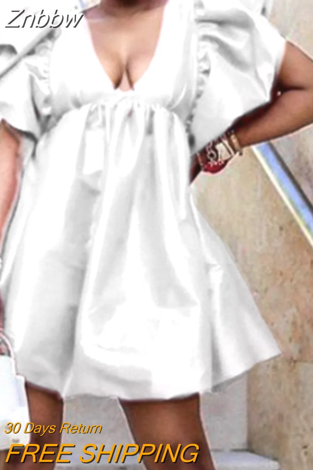 Znbbw Women Sexy Solid Dress Fashion Puff Sleeve Pleated Ruffled Femininos Sundress Summer Female Deep V High Waist Mid Dresses - Image 4