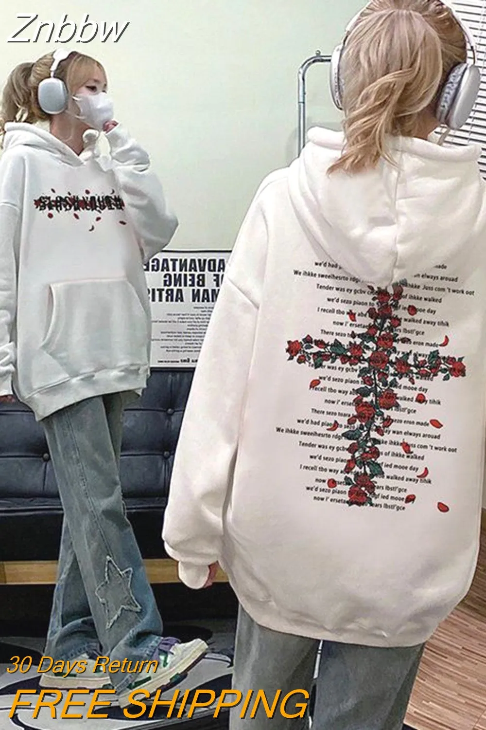 Znbbw Womens Vintage Fashion Hoody Hoodie Rose Letter Print Long Sleeve Casual Warm Loose Womens Top Autumn Winter