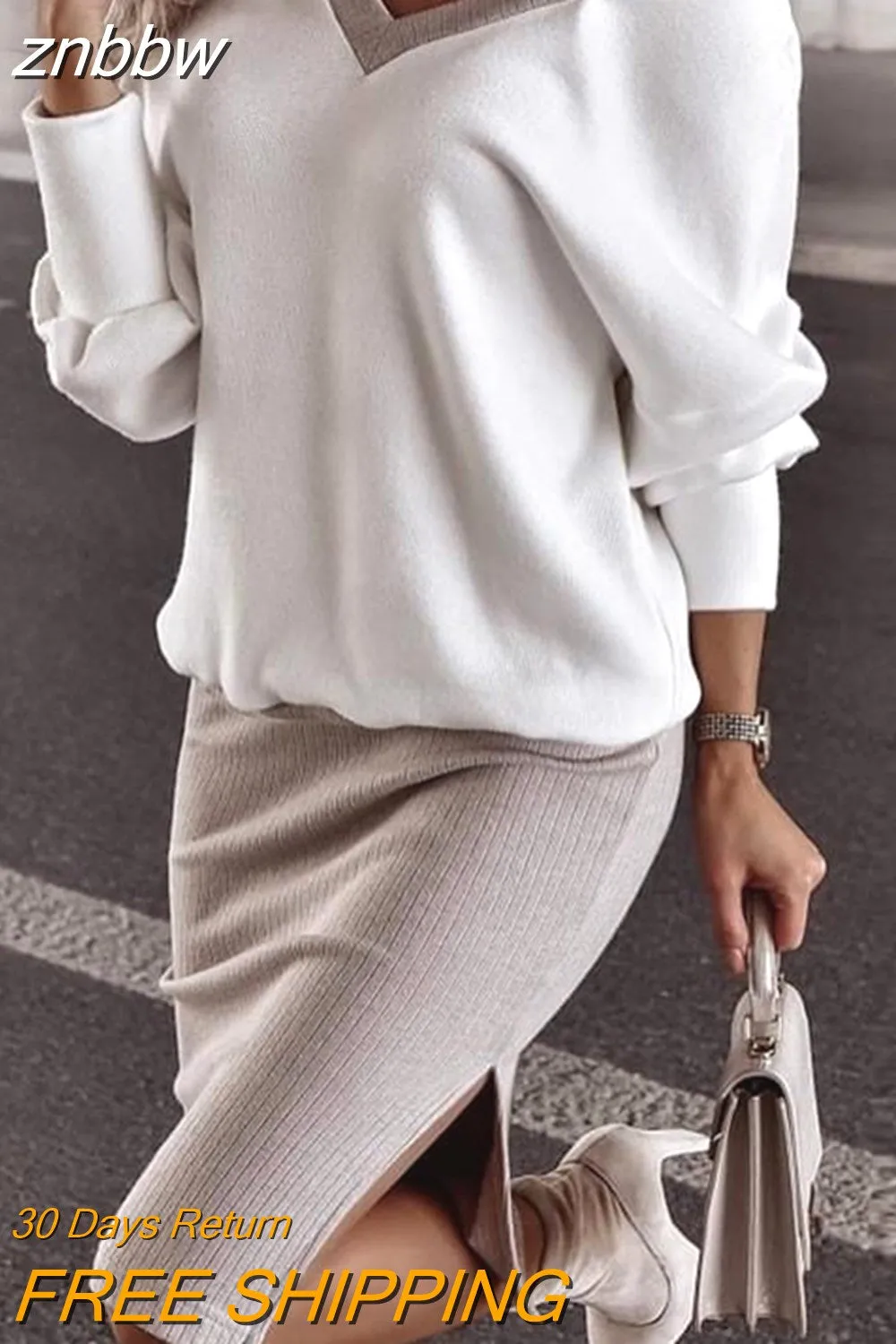 znbbw Women V-Neck Elegant Tops Female Sexy Skit Skirts Suits Office Lady Knitting Outfits Women's Knitted Sweater Skirt Two Piece Set - Image 2