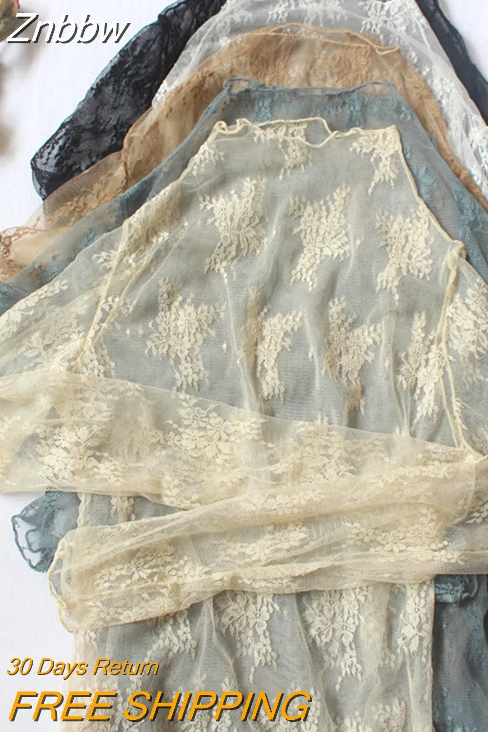 Znbbw Women Lace Floral Embroidery Blouses Shirt Ladies tops Sexy mesh Blouses Transparent Elegant See-through Black Shirt