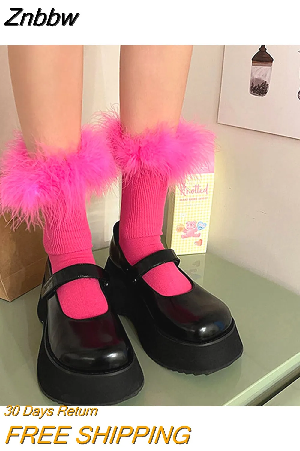 Znbbw Women Feather Fur Middle Tube Socks Rose Pink Jk Lolita Socks Cotton Funny Cotton Socks Pile Socks Cosplay Party Accessories