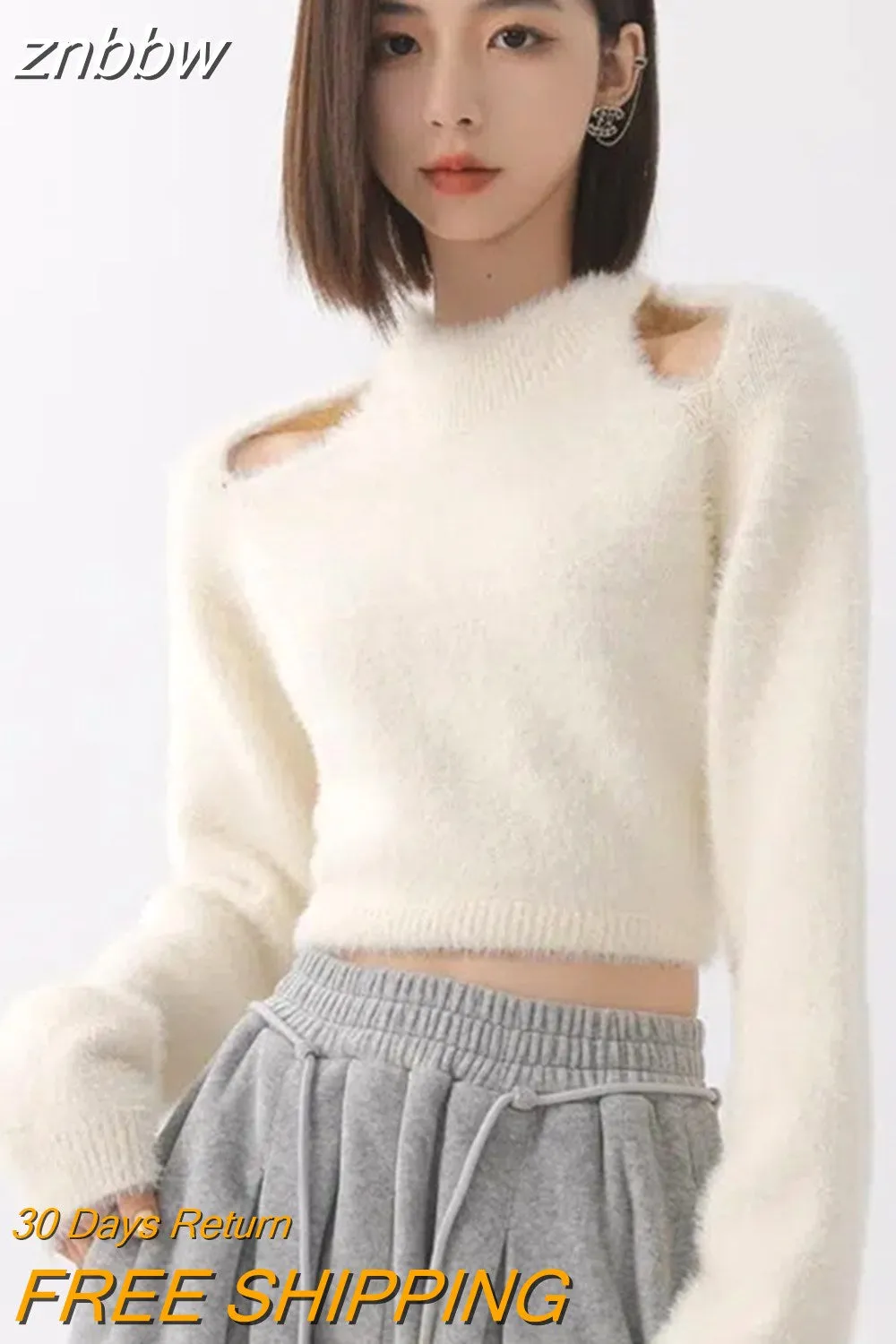 znbbw 2023 Winter Korean Style Slim Long Sleeve Mohair Sweater Women Sexy Backless Bandage Ladies Crop Top Fall Female Pullover - Image 3