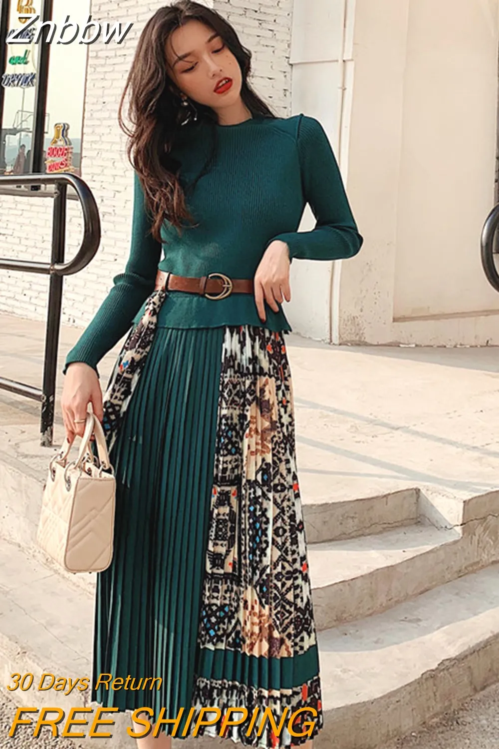 Znbbw 2023 New Spring Autumn Elegant Knitted Patchwork Pleated Midi Dress Women Long Sleeve Retro Runway Printing chic Dresses - Image 6