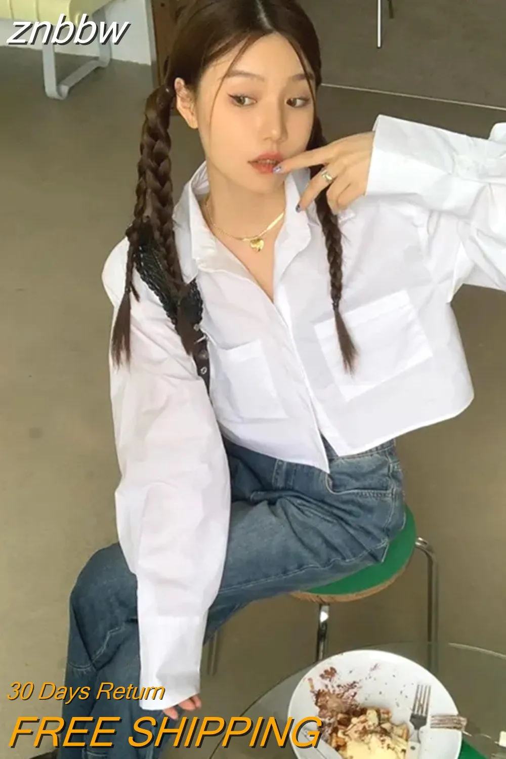 znbbw 2023 Spring Minimalist Long Sleeve Women White Shirt Y2K Shoulder Pad Button Loose Woman Crop Top Blouse Female Clothing - Image 2