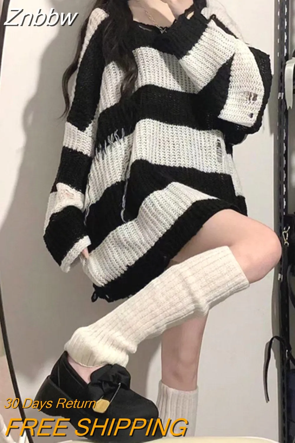Znbbw Y2K Pink Striped Sweaters Women Harajuku Vintage Black Knitted Jumper Grunge Sexy Hole Hollow Out Loose All-match Tops - Image 2