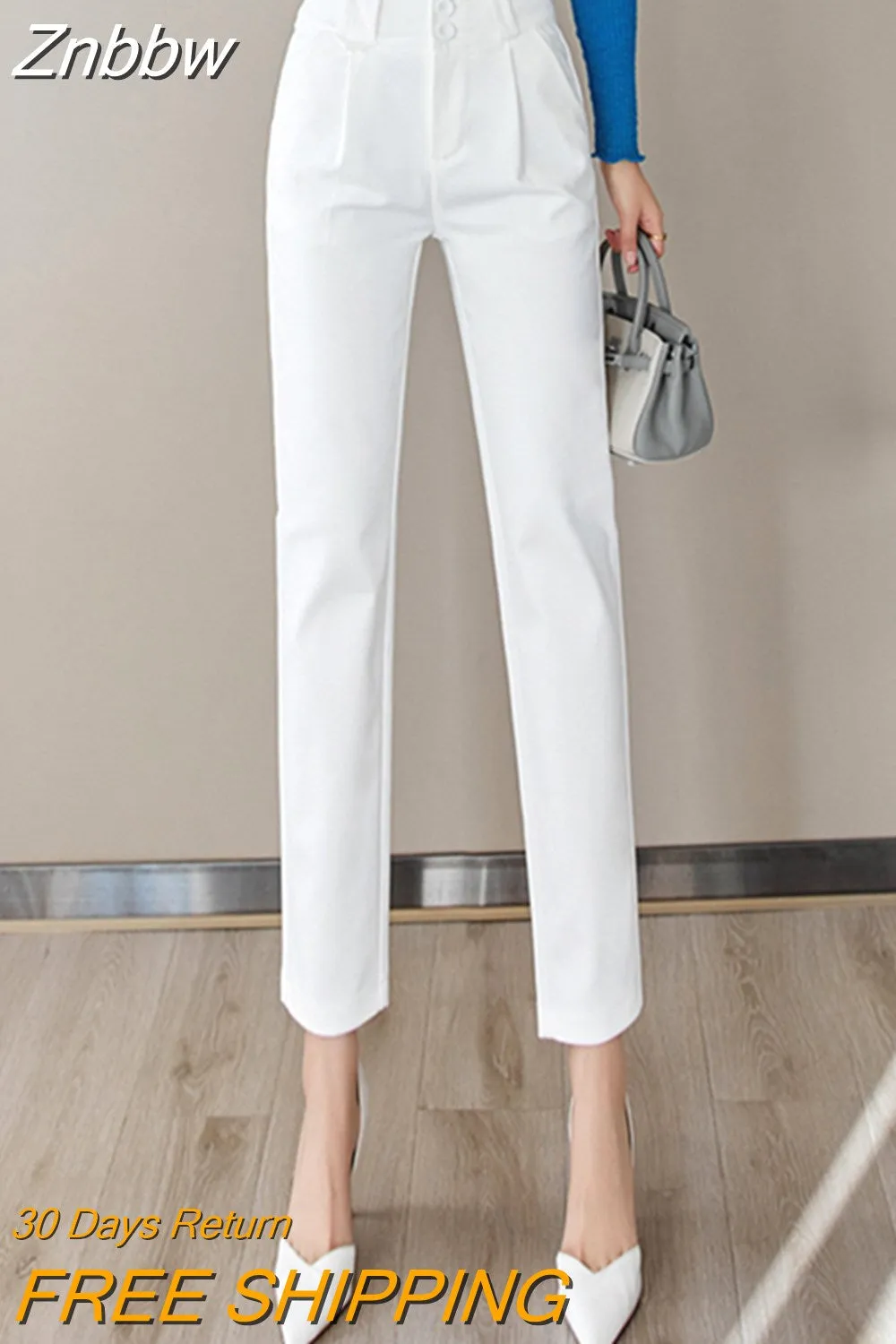 Znbbw Women Harem Pants Spring Autumn Elegant Two Buttons Mid-Waist Formal Office Business Trousers Casual Slim Black Woman Pants - Image 4