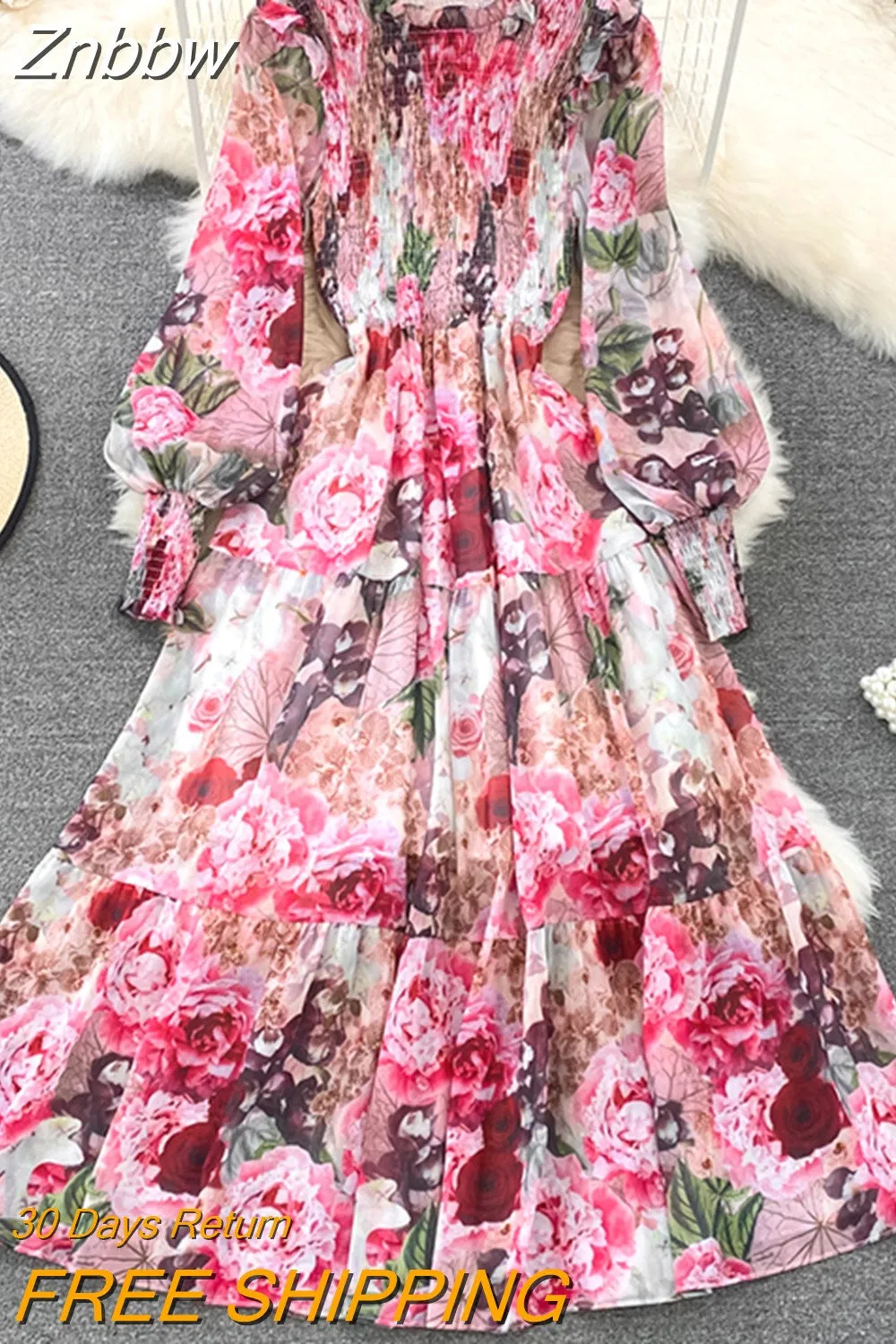 Znbbw Women's Spring Autumn Long Sleeved Chiffon Dress with Wooden Ear Edge Waist Closing Floral Holiday Big Hem Long Dress D2460 - Image 4