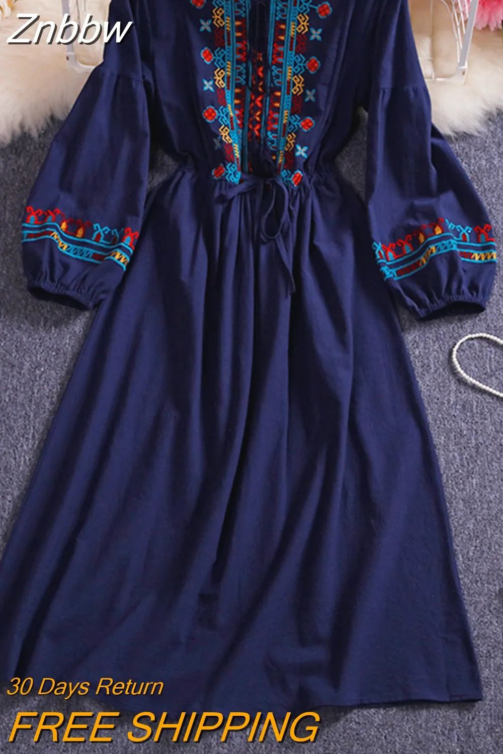 Znbbw Autumn Women Dresses Bohemian Embroidered Flower O-Neck Lantern Sleeve High Waist Dress All-match Female Vestidos GD629 - Image 4