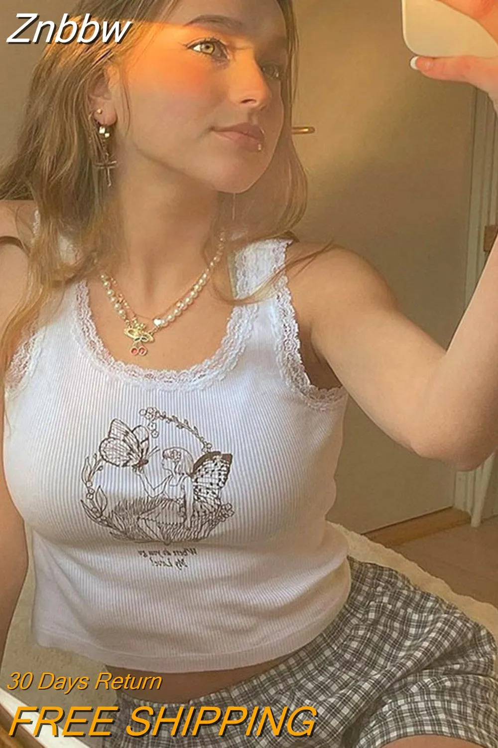 Znbbw Printed Lace Trim White Crop Top Fairy Grunge Summer Clothes for Women Cute Slim Fit Ribbed Tank Tops