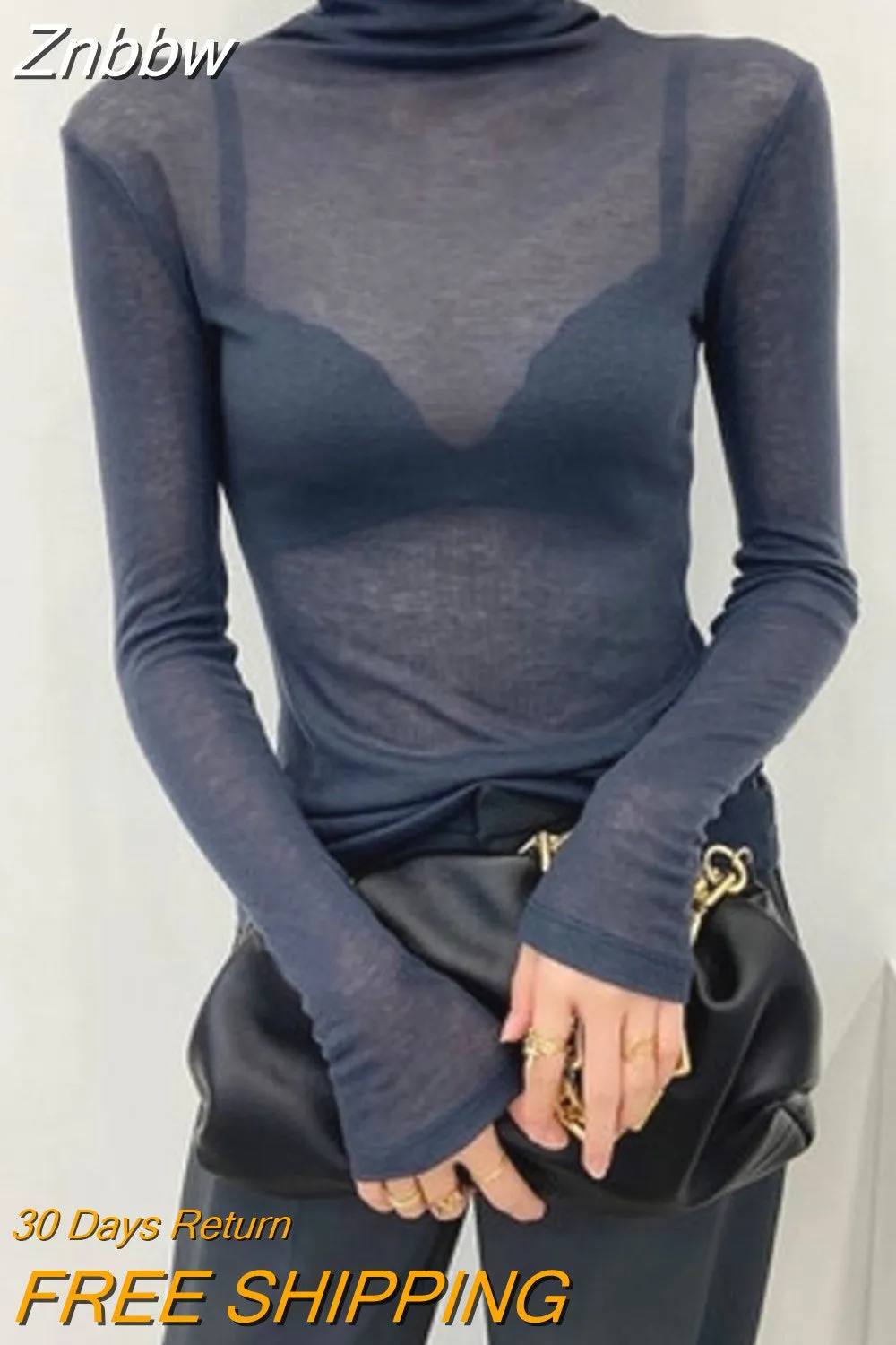 Znbbw Y2K Fashion Solid Turtleneck T Shirt Women Harajuku Sexy See Through Long Sleeve Tee Slim All-match Basic Pullover Tops