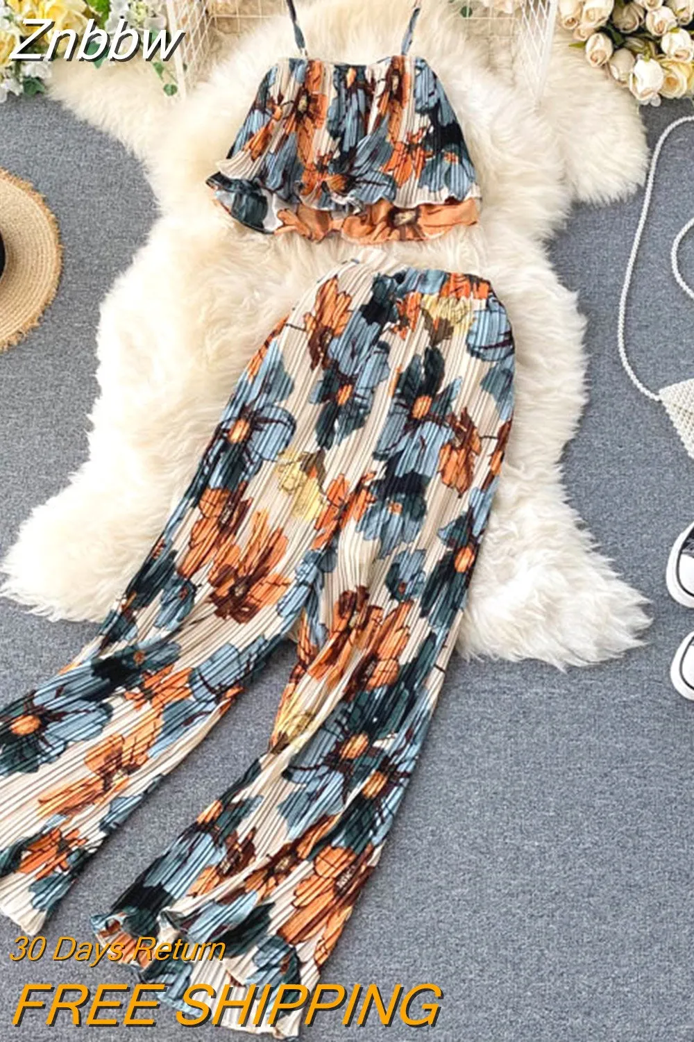 Znbbw Women's Summer Sets Vacation Style Printed Short Camisole Pleated High-waist Wide-leg Pants Two-piece New Casual Sets LL956 - Image 4