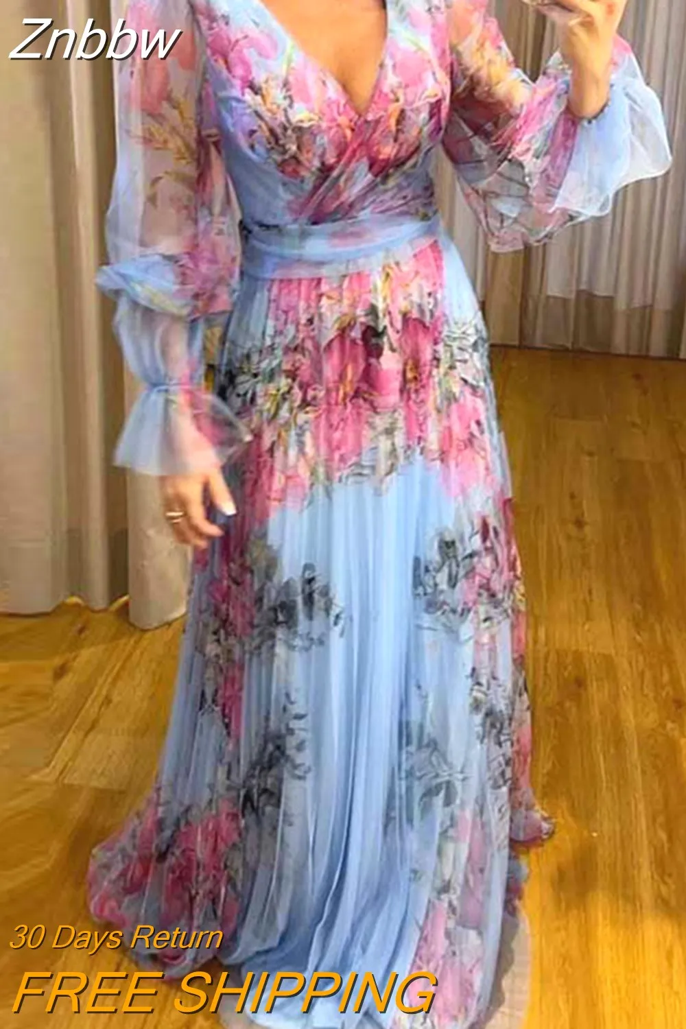 Znbbw Autumn Mesh Long Sleeve Patchwork Party Dress Elegant Flower Print Waist Pleats Dress Women's Fashion V-neck Bohemian Dress