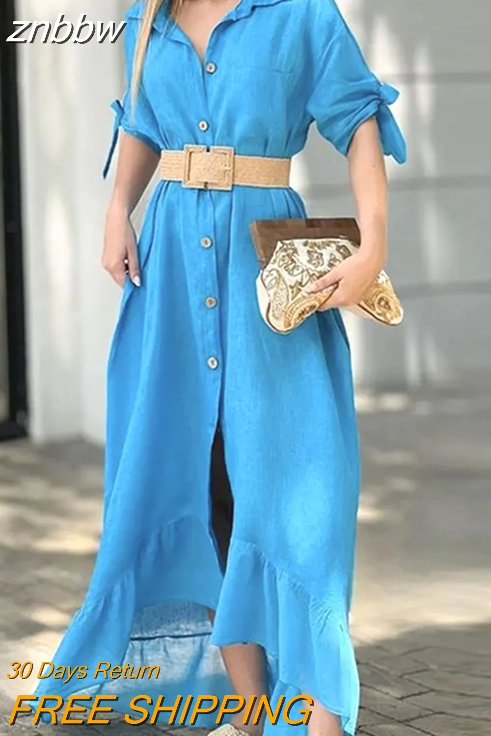 znbbw Women Short Sleeve Blue Dresses Summer New Solid Cotton Comfortable Long Shirt Dress Fashion Commute Turn-Down Collar Maxi Dress - Image 2