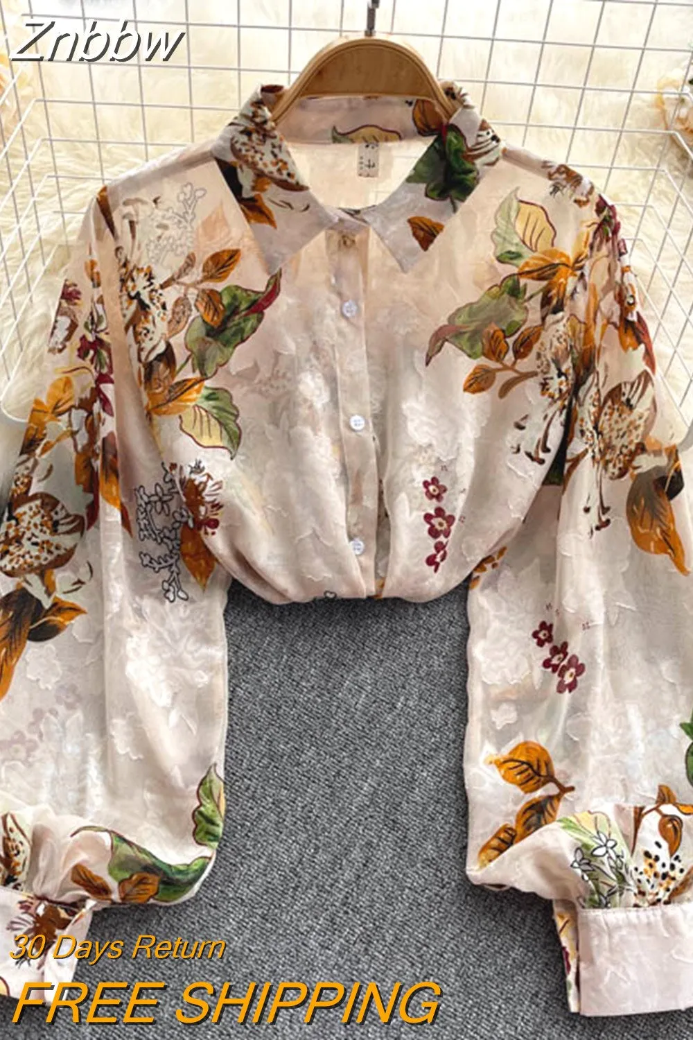 Znbbw Autumn Temperament Fashion Retro Chiffon Floral Blouses Print Loose Lapel Puff Sleeve Top Button Up Shirt Female GD611 - Image 5