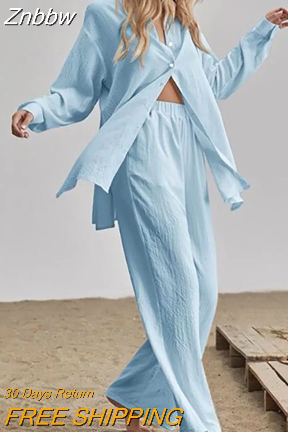 Znbbw Women 2 Pieces Set Long Sleeve Lapel Shirts And Elastic High Wasit Pants Summer Autumn Loose Elegant Women Sets Suit Outifits - Image 7