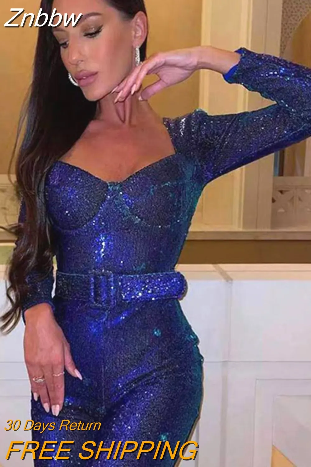 Znbbw Sequins Belt Jumpsuit Women Square Collar Long Sleeve Bodysuit Autumn Wide Leg Pants Female Party Club Outfits - Image 1