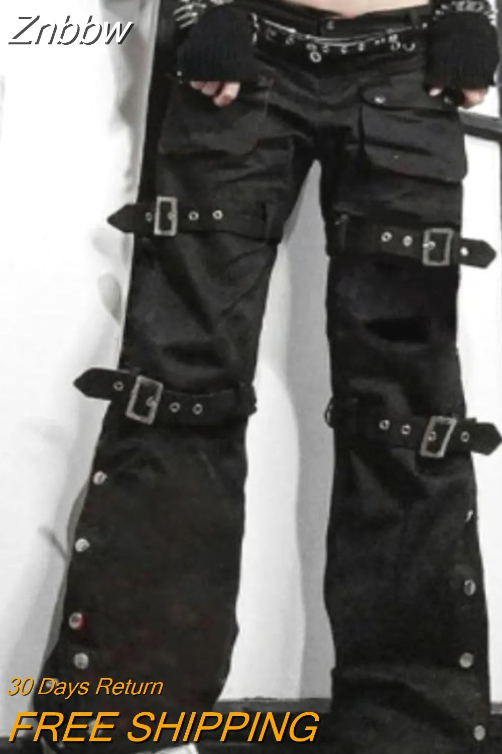 Znbbw Women Y2K Black Punk Pants Buckle Harajuku Gothic Bandage Baggy Jeans Streetwear Pocket Goth Grunge Low Waist Women Cargo Pants - Image 4