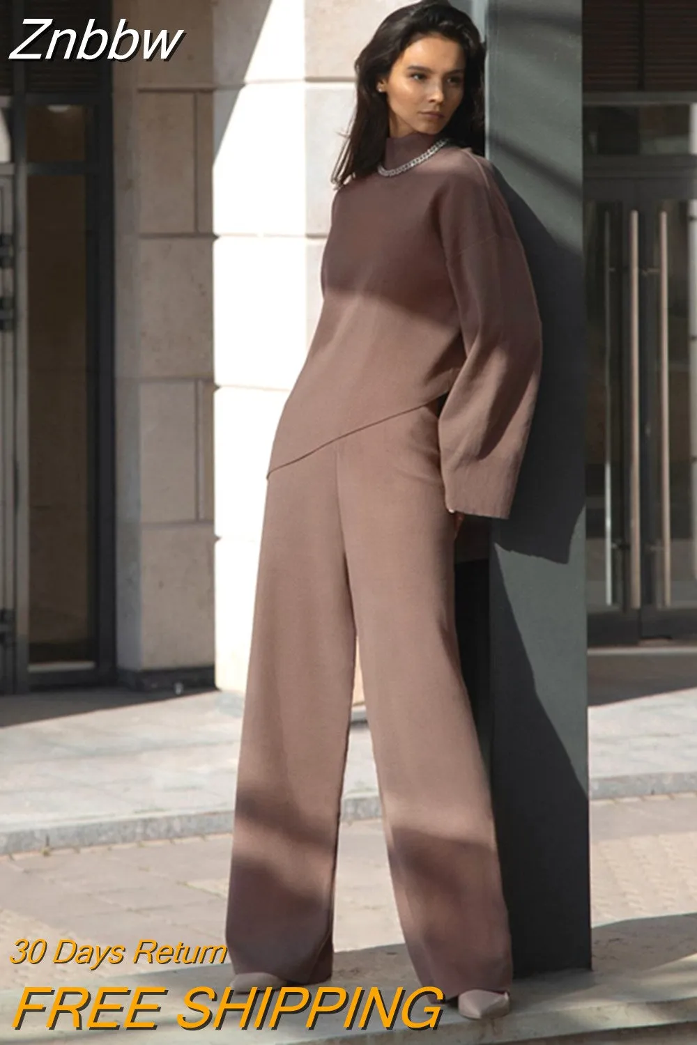 Znbbw Women Wide Legs Pants Irregular Sweater Suit 2023 Autumn Winter 2 Piece Set Casual High Collar Pullover Knitted Sweaters Outfits - Image 7