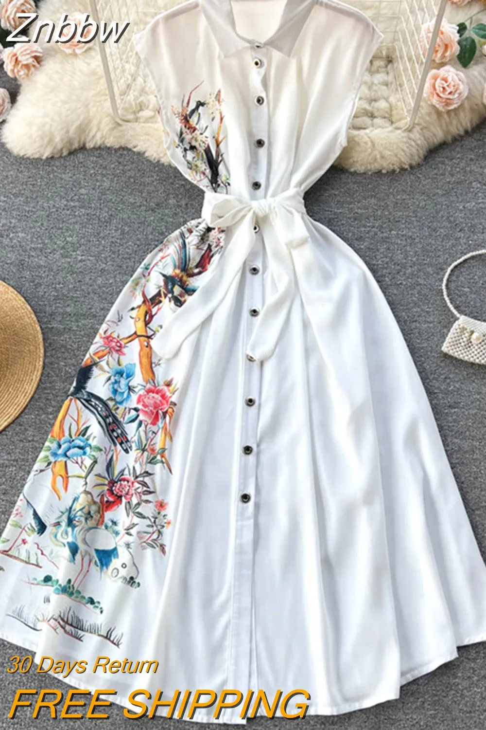 Znbbw 2023 New Summer Designer Women Bohemian High Quality Casual Party Celebrity Elegant Belt Floral Print Shirt Midi Dress