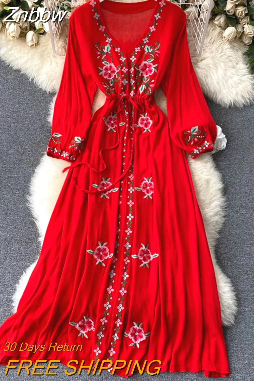 Znbbw Women's Dress Travel Photography Holiday Long Dress 2023 New Retro Ethnic Style Embroidered V-neck Lantern Sleeve Dress Y1034 - Image 5
