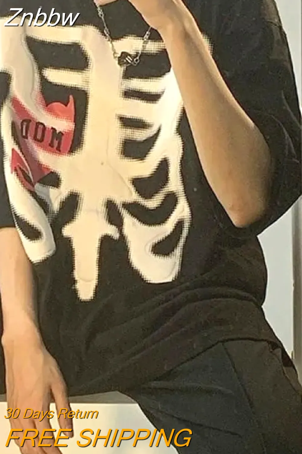 Znbbw Women T shirts Korean Skull Print Y2K Black Oversized Tee Shirt Tops Harajuku Grunge Vintage Aesthetic Goth Graphic Punk Clothes