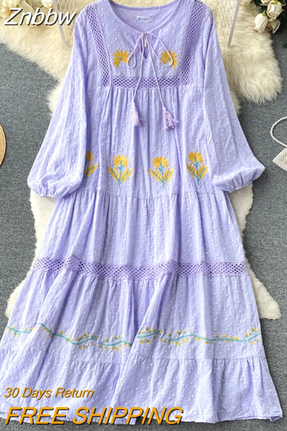 Znbbw Autum New Bohemian Holiday Style V Neck Dress Female Puff Sleeves Loose Large Version Mid-length Vestidos Women D1331 - Image 7