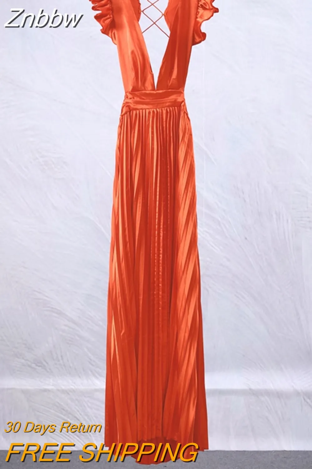 Znbbw Women Solid Backless Elegant Long Dresses V-neck Pleated A-line Sexy Frock 2023 Spring Summer Evening Party Casual Style Dress - Image 8