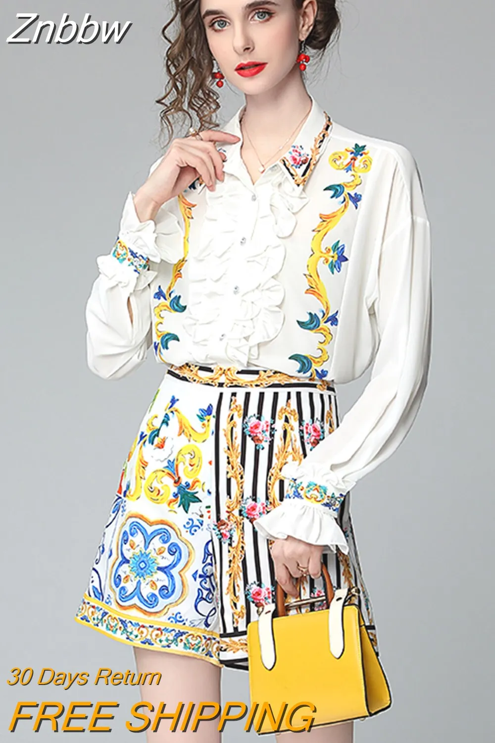 Znbbw Summer Runway Flower Print Two-piece Set Women Flare Sleeve Ruffles Shirt Top and Stripe Pocket Shorts Suits Set N56608