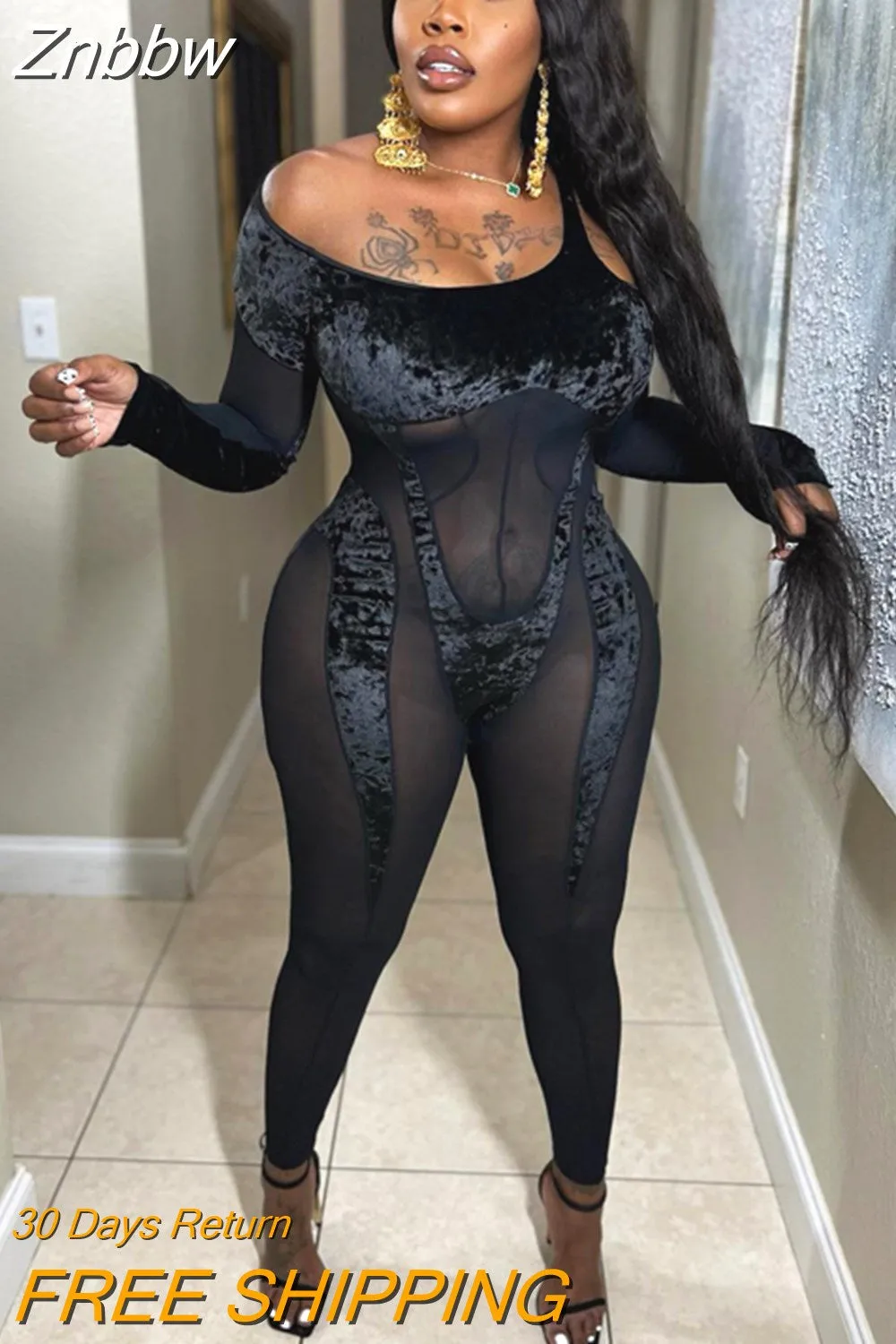 Znbbw Women Long Sleeve Mesh Velvet Bodycon Black Jumpsuit Overalls One Piece Outfit 2023 Fall Clothing Wholesale Items - Image 4
