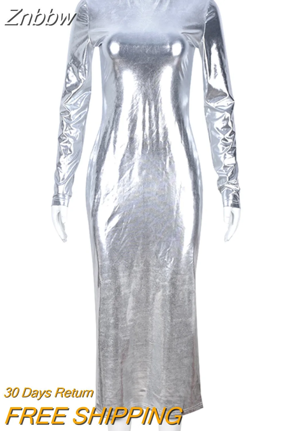 Znbbw Silver Bright Metallic Party Bodycon Midi Dress Women Long Sleeve Turtleneck Casual Elegant Club Vestidos 2023 Fashion - Image 4