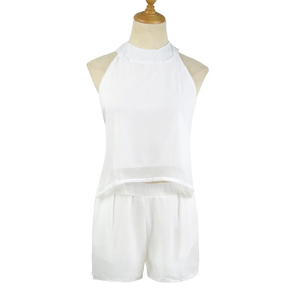 Znbbw Women's Fashion Sexy Hanging Neck Sports Chiffon Shirt Two-Piece Set Of Casual Shorts - Image 2