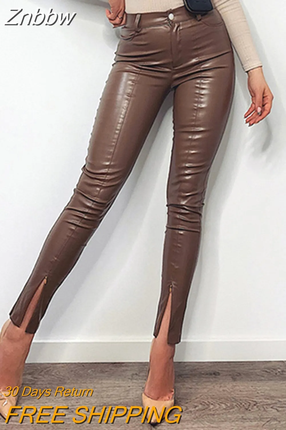 Znbbw Autumn Winter PU Leather Pencil Trousers Women's High Waist Button Slit Hem Pants Office Casual Slim Fit Bottoms - Image 2