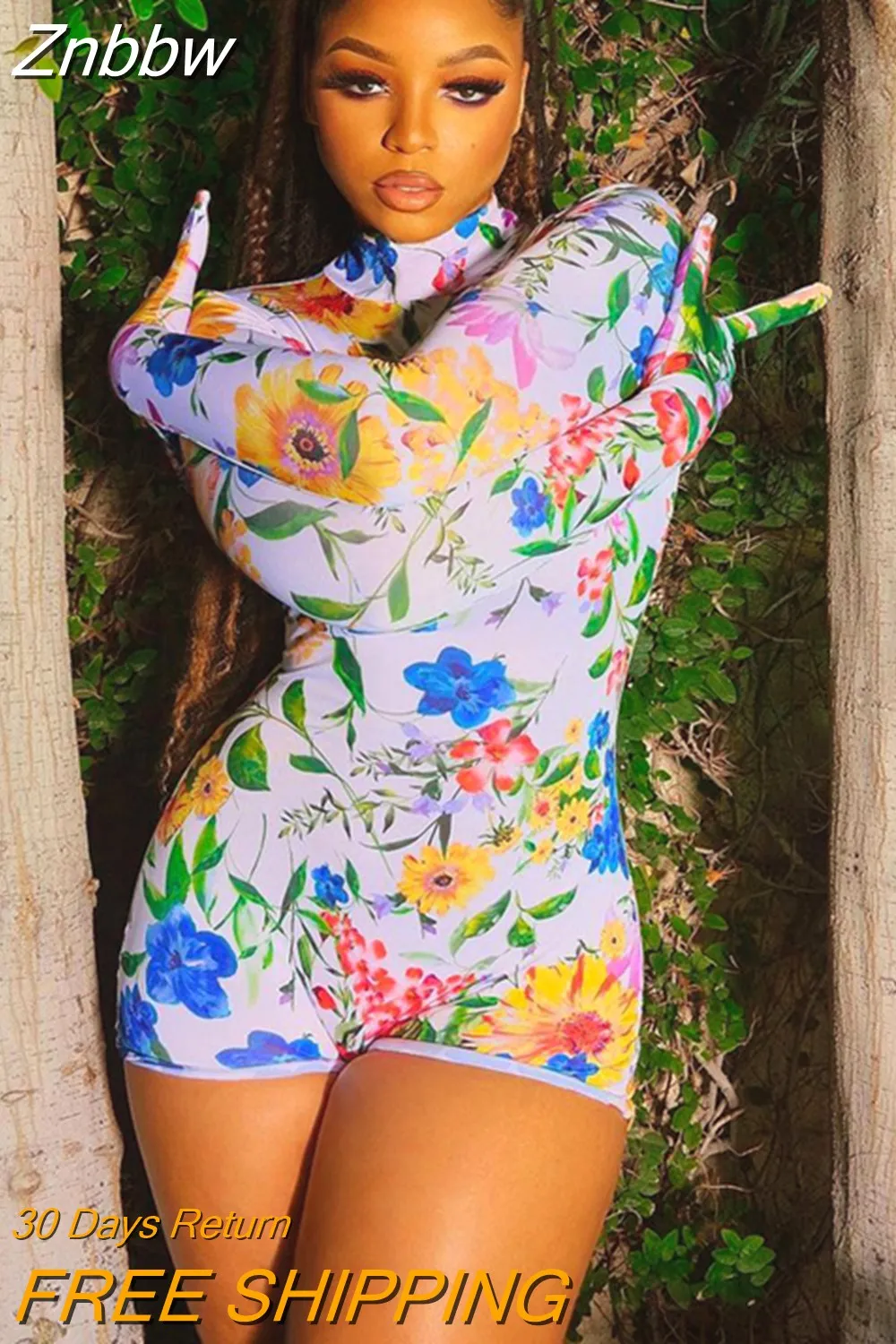 Znbbw Floral Print Long Sleeve Skinny Bodysuits Women Turtleneck Lolita Y2K Clothes 2023 Spring Fall Fairy Grunge Overalls